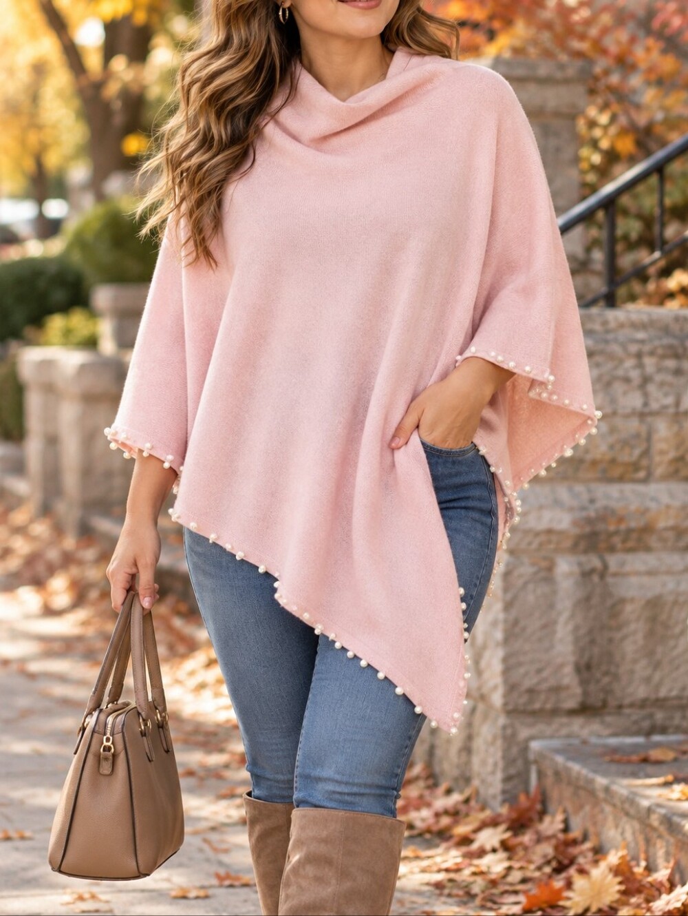 CHARLIE B Pink Pearl Trim Asymmetrical Knit Poncho Sweater Quiet Luxury